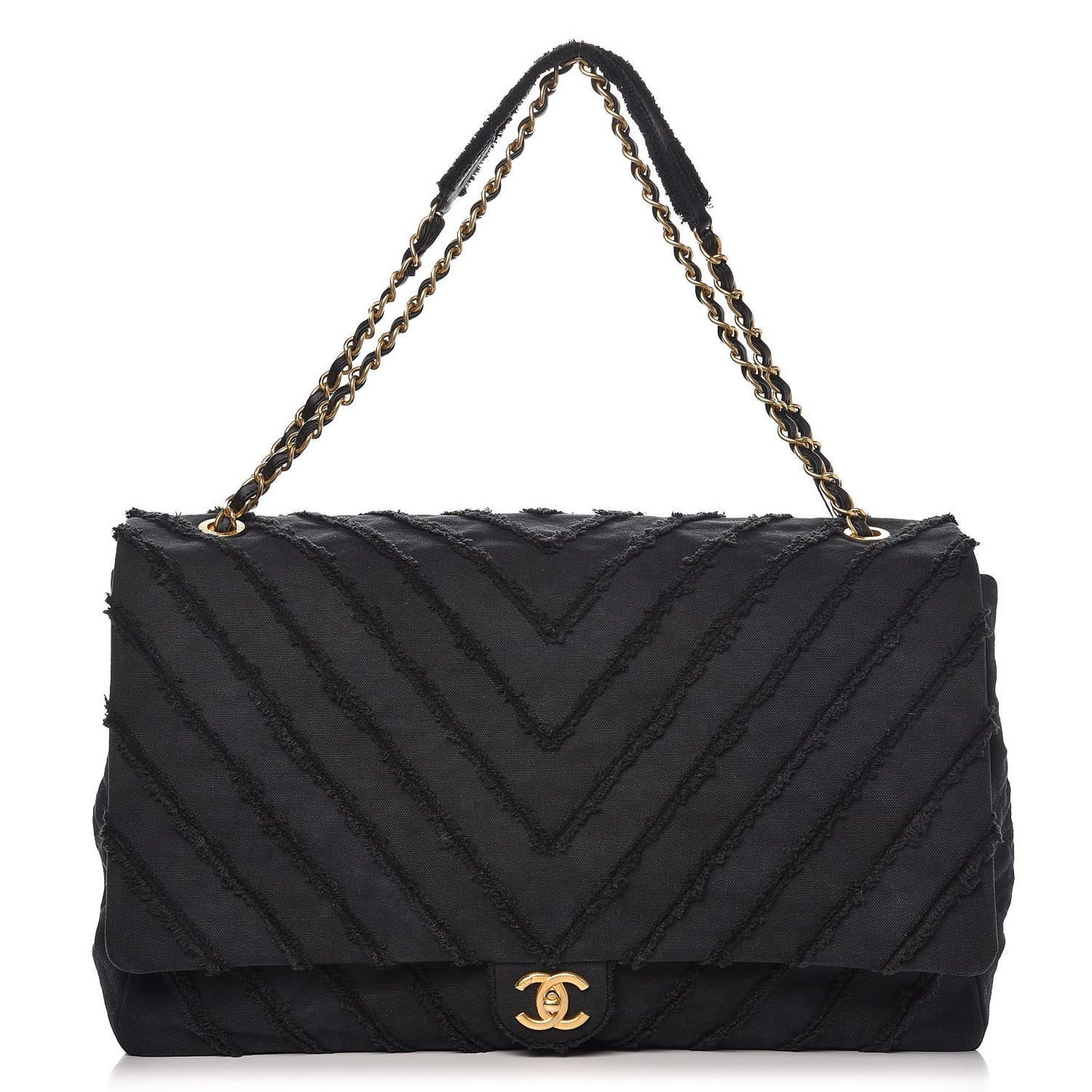 Canvas Chevron Quilted XXL Travel Flap Bag Black