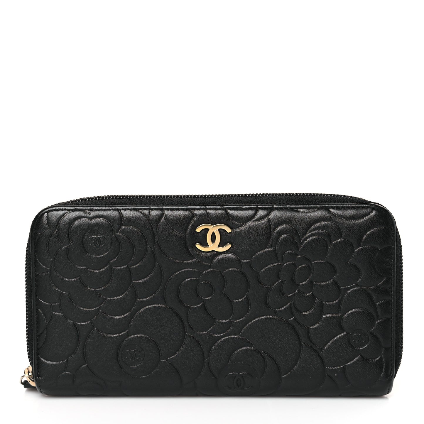 Lambskin Camellia Embossed Large Zip Around Gusset Wallet Black