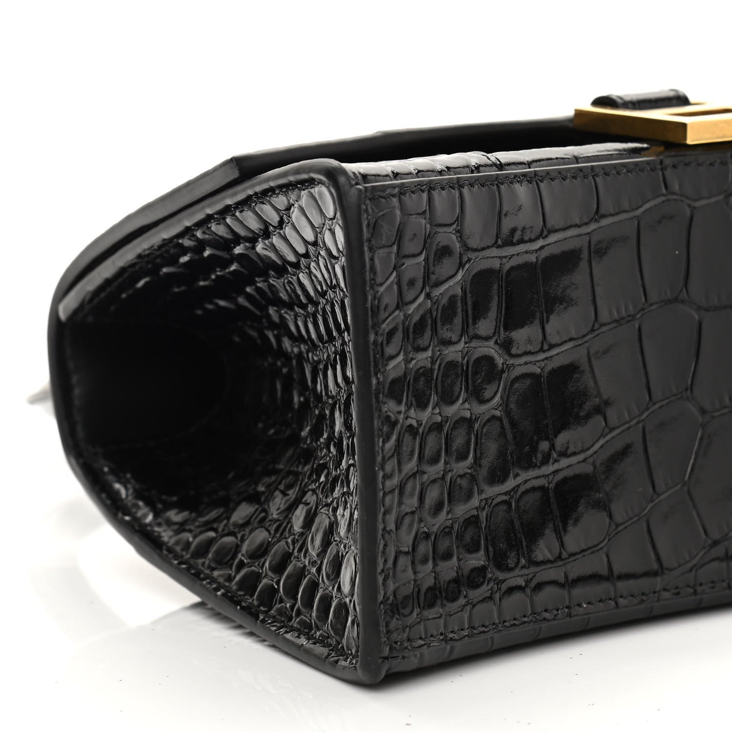 Shiny Calfskin Crocodile Embossed Small Hourglass Top Handle Bag Black