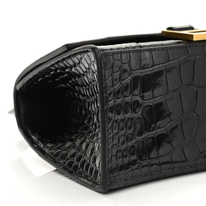 Balenciaga Shiny Calfskin Crocodile Embossed Small Hourglass Top Handle Bag Black 9 of 10