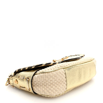Versace Woven Canvas Metallic Calfskin Stitched Shoulder Bag Beige Gold 4 of 9