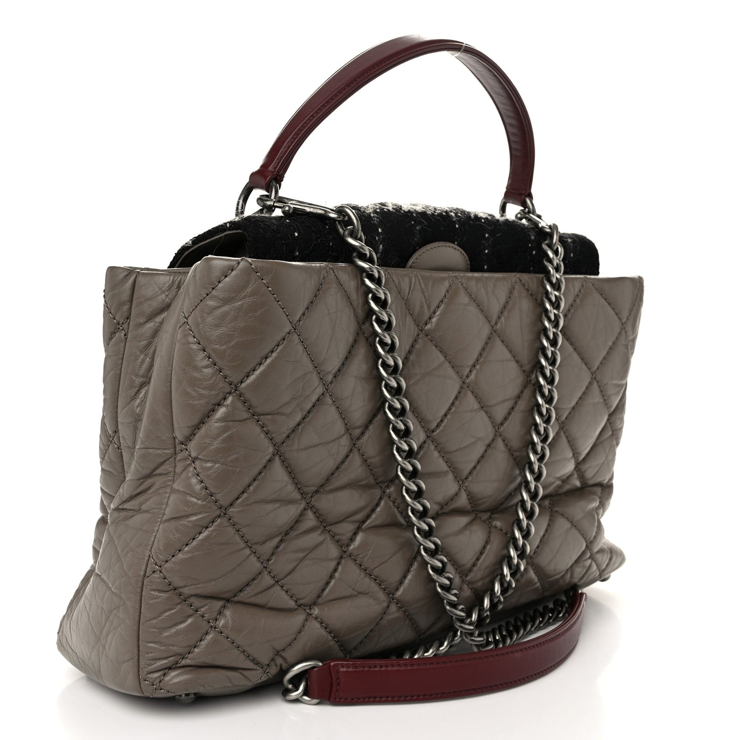 Aged Calfskin Tweed Large Quilted Portobello Tote Grey