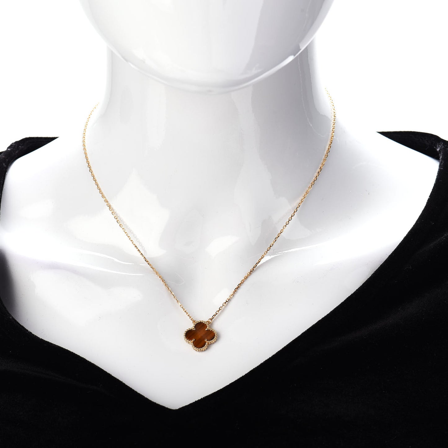 18K Yellow Gold Tiger Eye Vintage Alhambra Pendant Necklace