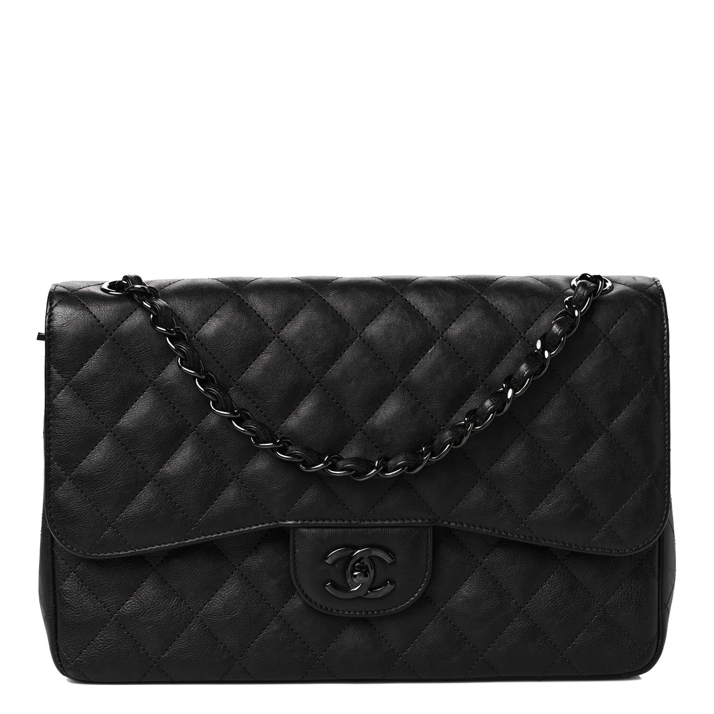 Crumpled Calfskin Quilted Jumbo Double Flap So Black
