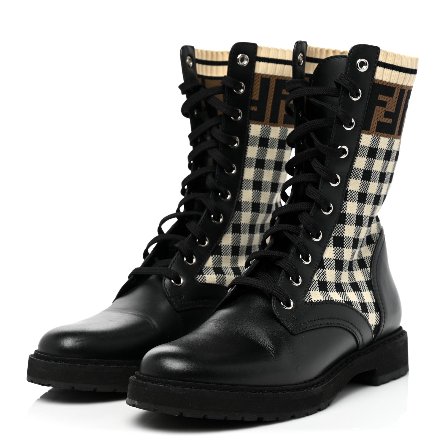 Fendi Vitello Stretch Fabric FF Vichy Rockoko Biker Boots 38.5 Black Crema Tobacco 3 of 13