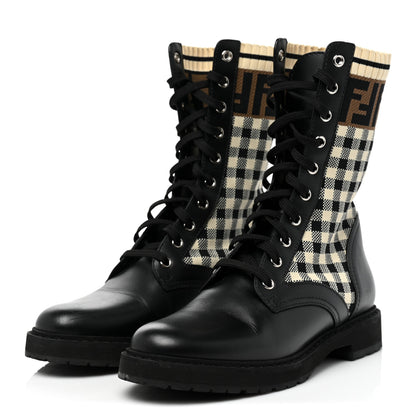Fendi Vitello Stretch Fabric FF Vichy Rockoko Biker Boots 38.5 Black Crema Tobacco 3 of 13