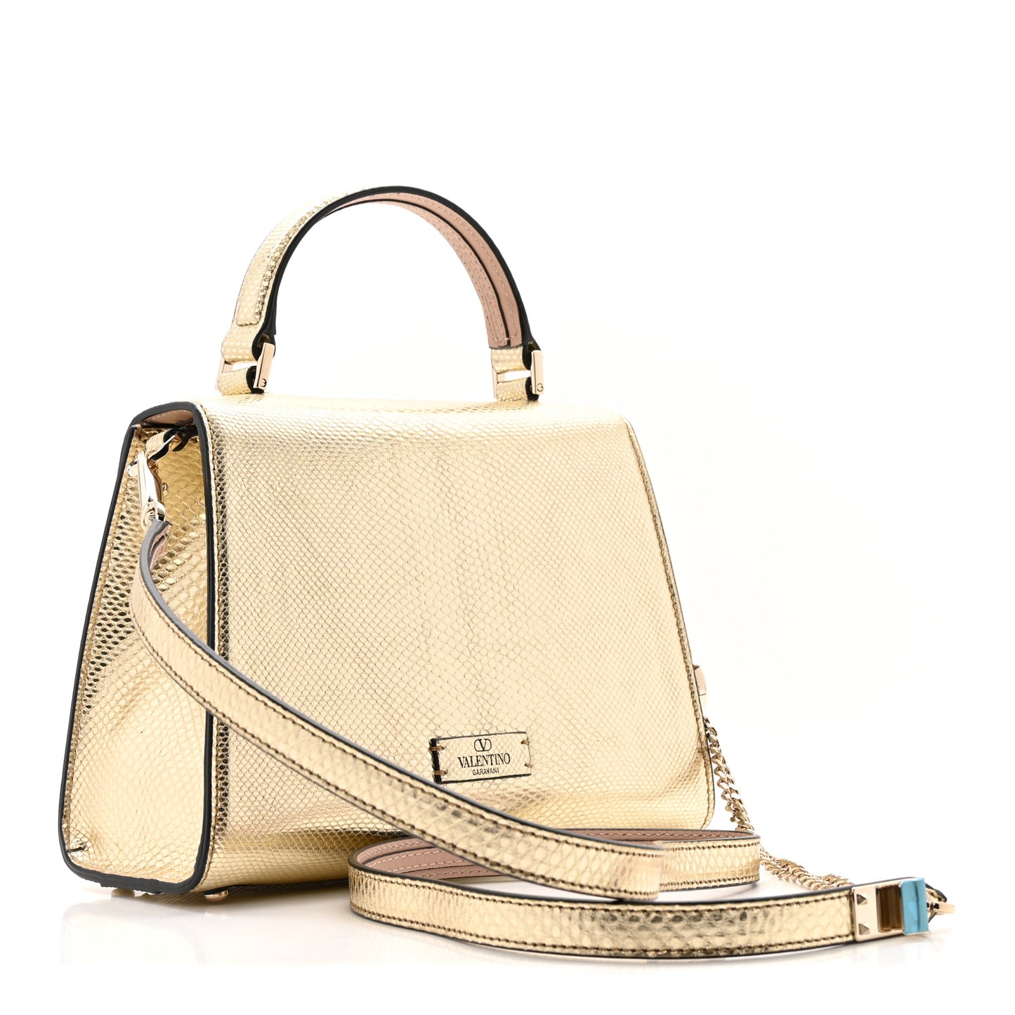 Metallic Calfskin Crystal Snake Embossed Mini VSling Top Handle Bag Gold