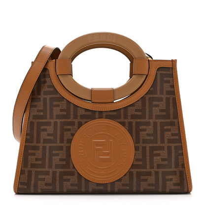 Fendi Glazed Fabric Vitello Century Plexiglass FF 1974 Stamp Patch Small Runaway Shopper Tote Mogano Panna Nocciola 1 of 11