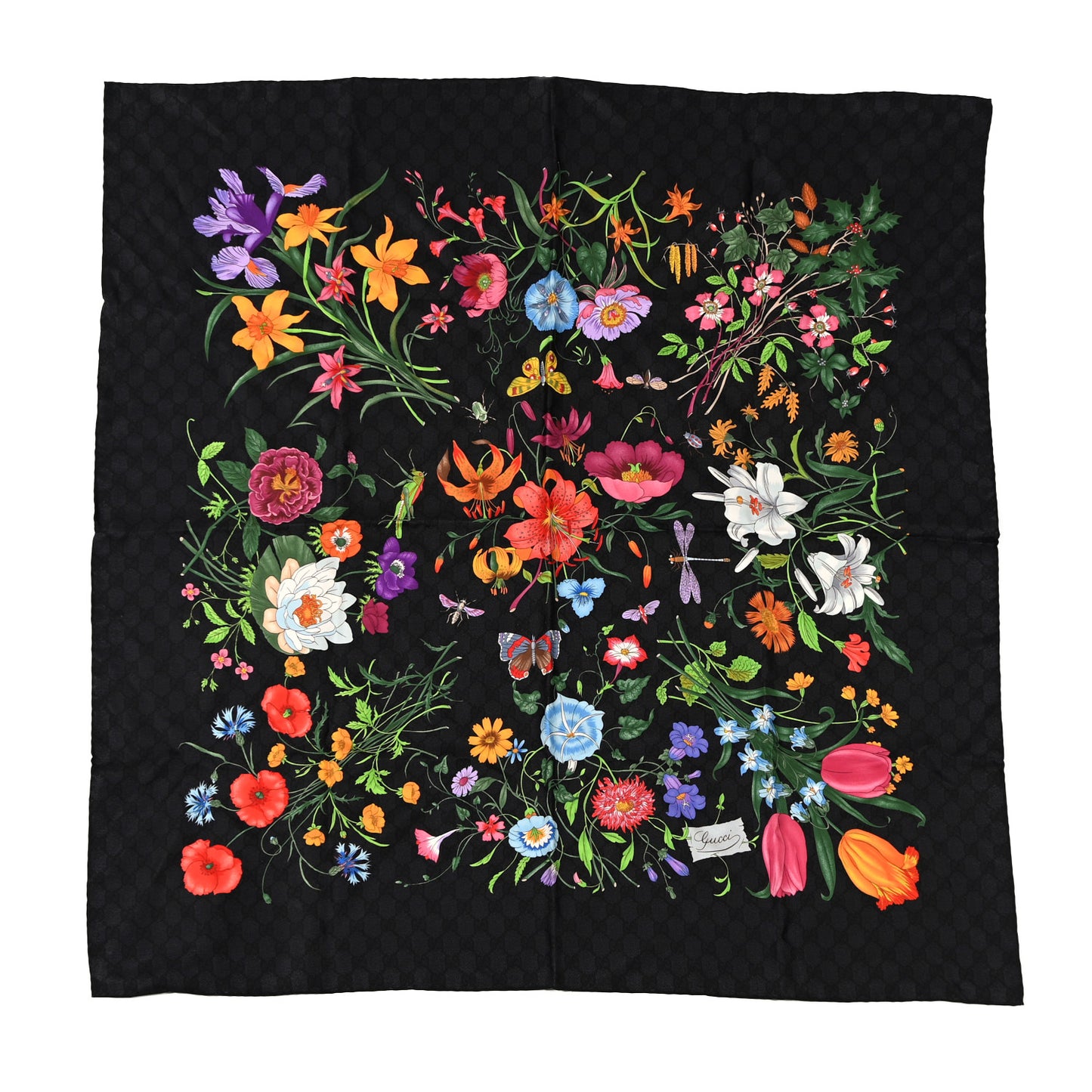 Silk Twill Flora Beauty Square Scarf Black