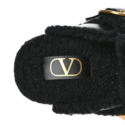 Valentino Garavani Calfskin Shearling Roman Stud River Slippers 36 Black 6 of 7