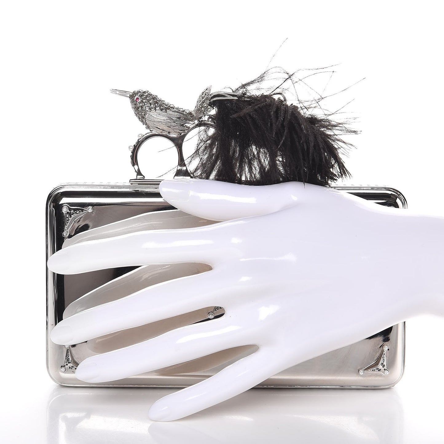 Metallic Feather Embellished Bird Knuckle Clutch Silver