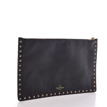 Valentino Garavani Pebbled Calfskin Turquoise Large Rockstud Rolling Zip Pouch Black 3 of 7