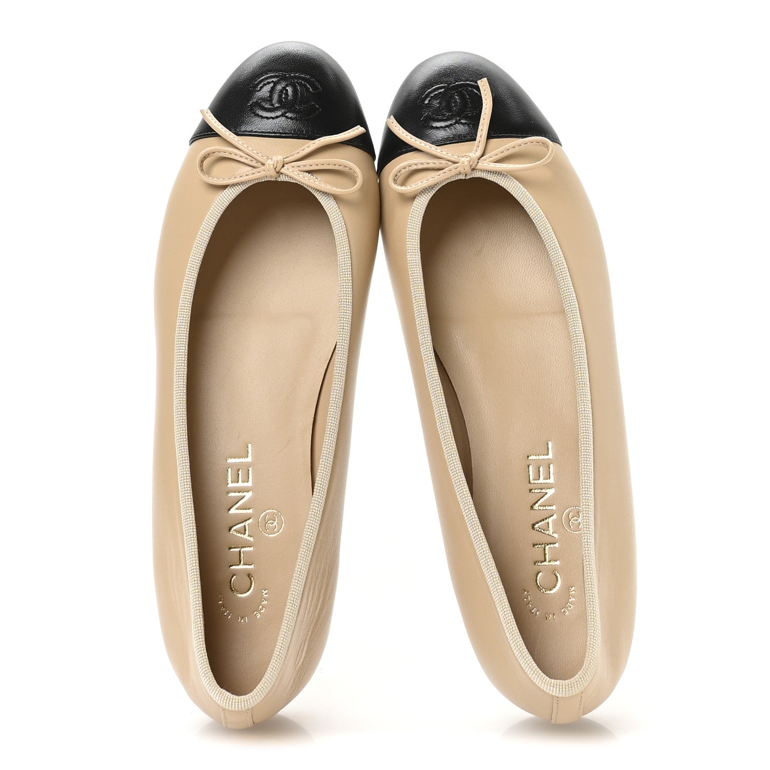Chanel Lambskin Cap Toe CC Ballerina Flats 38.5 Beige Black 2 of 9