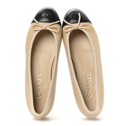 Chanel Lambskin Cap Toe CC Ballerina Flats 38.5 Beige Black 2 of 9
