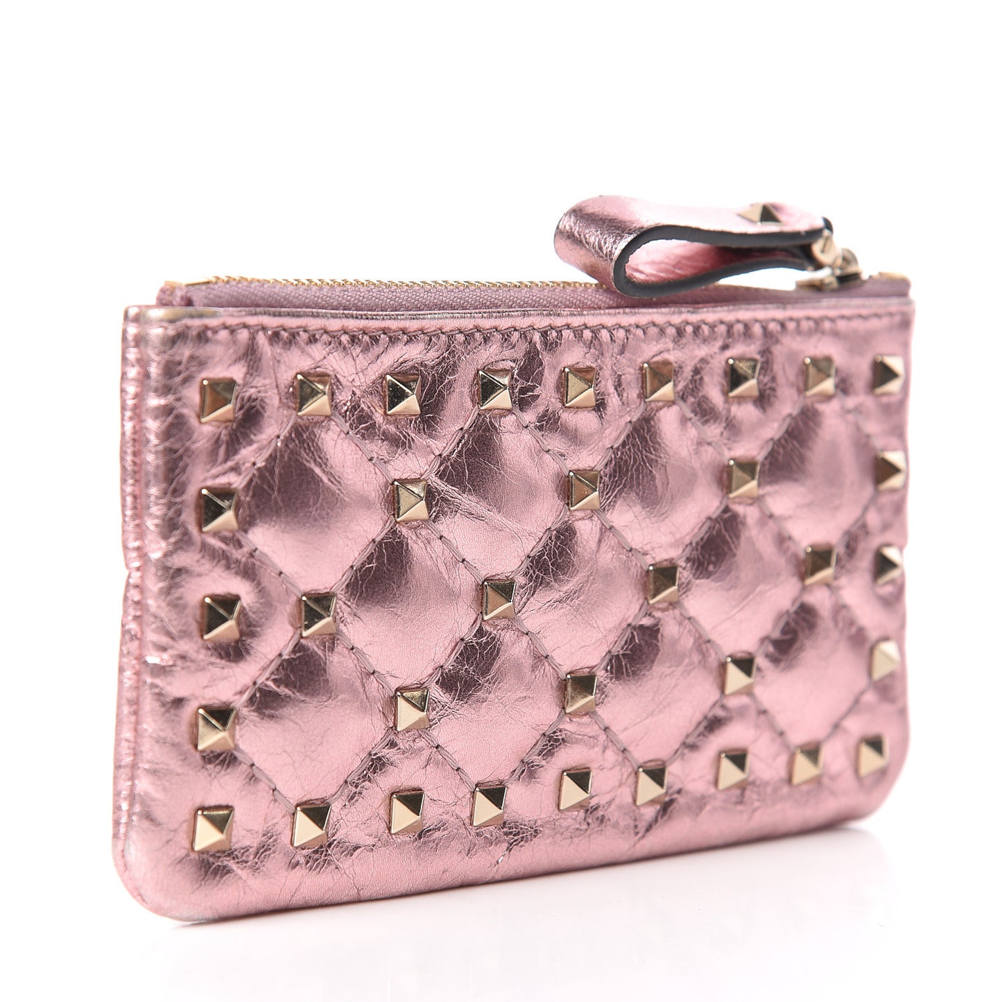 Metallic Wrinkled Lambskin Rockstud Spike Zip Coin Purse Lipstick