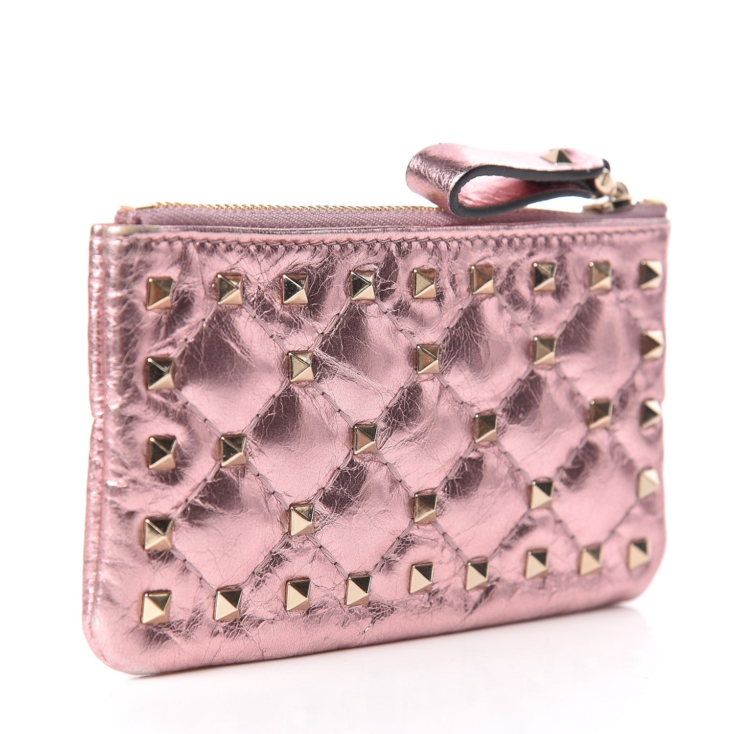 Valentino Garavani Metallic Wrinkled Lambskin Rockstud Spike Zip Coin Purse Lipstick 3 of 6