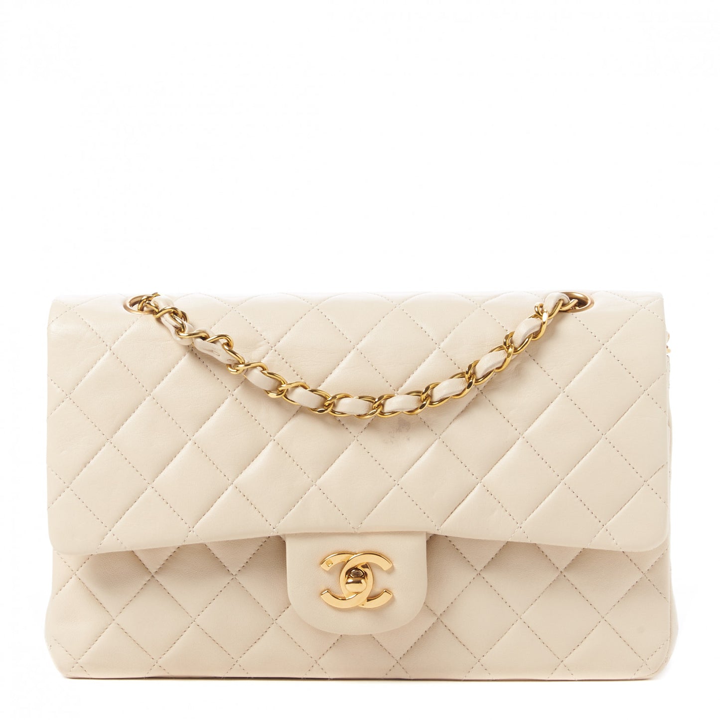 Lambskin Quilted Medium Double Flap Light Beige