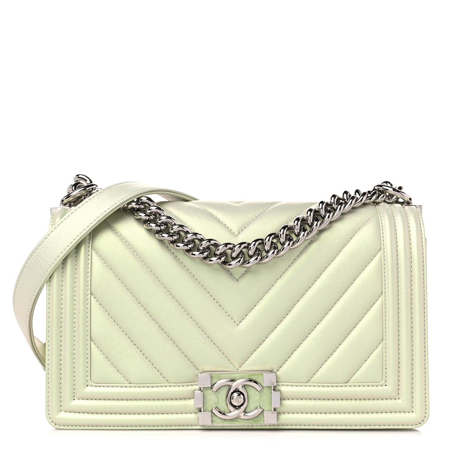 Iridescent Lambskin Chevron Quilted Medium Boy Flap Green