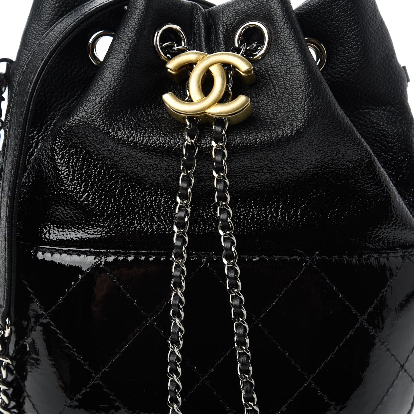 Patent Goatskin Quilted Small Gabrielle Bucket Black