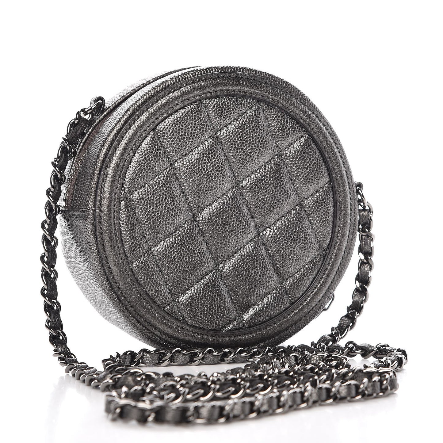 Metallic Caviar Quilted Round Filigree Crossbody Dark Silver
