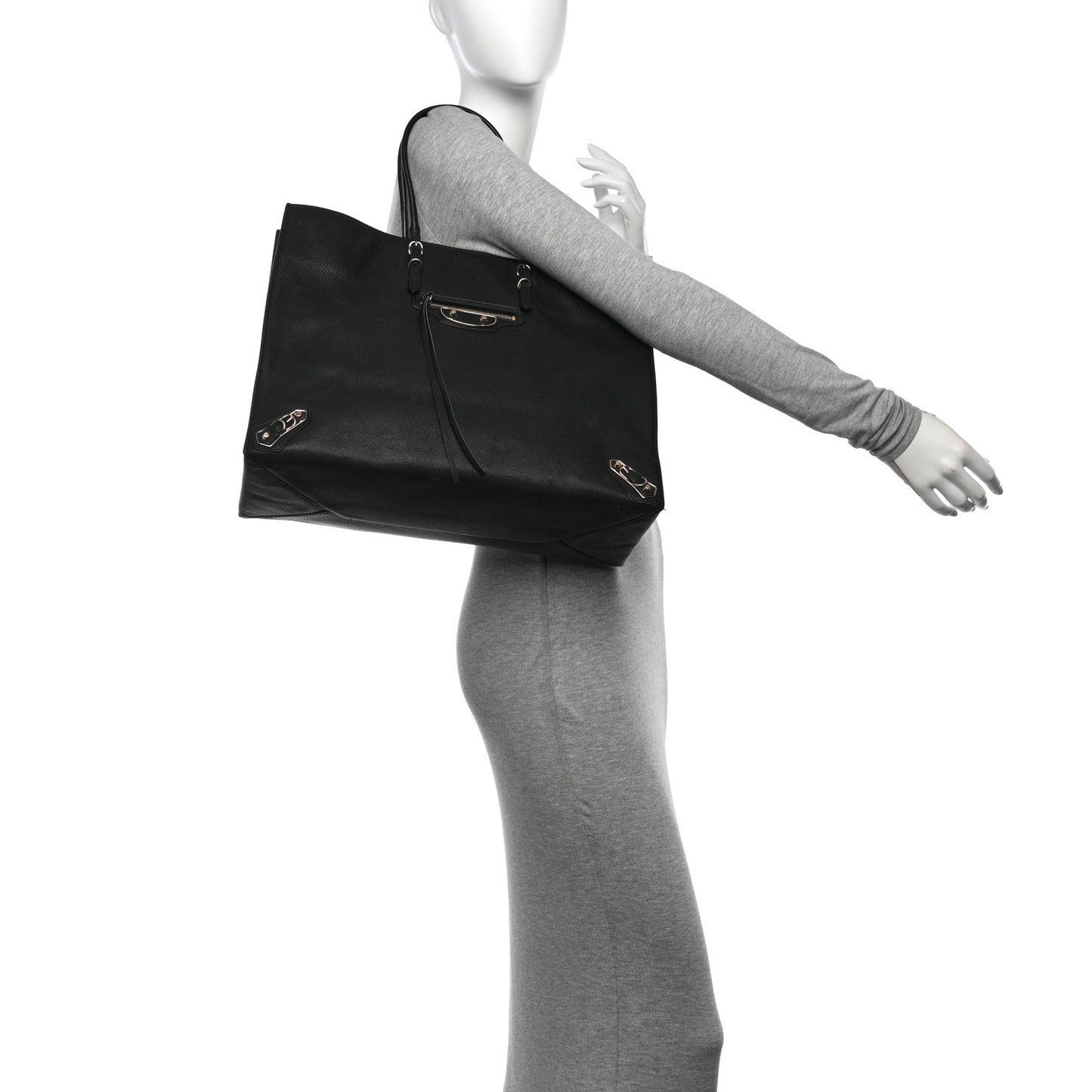 Grained Calfskin Silver Metallic Edge Hardware Papier A4 Tote Black