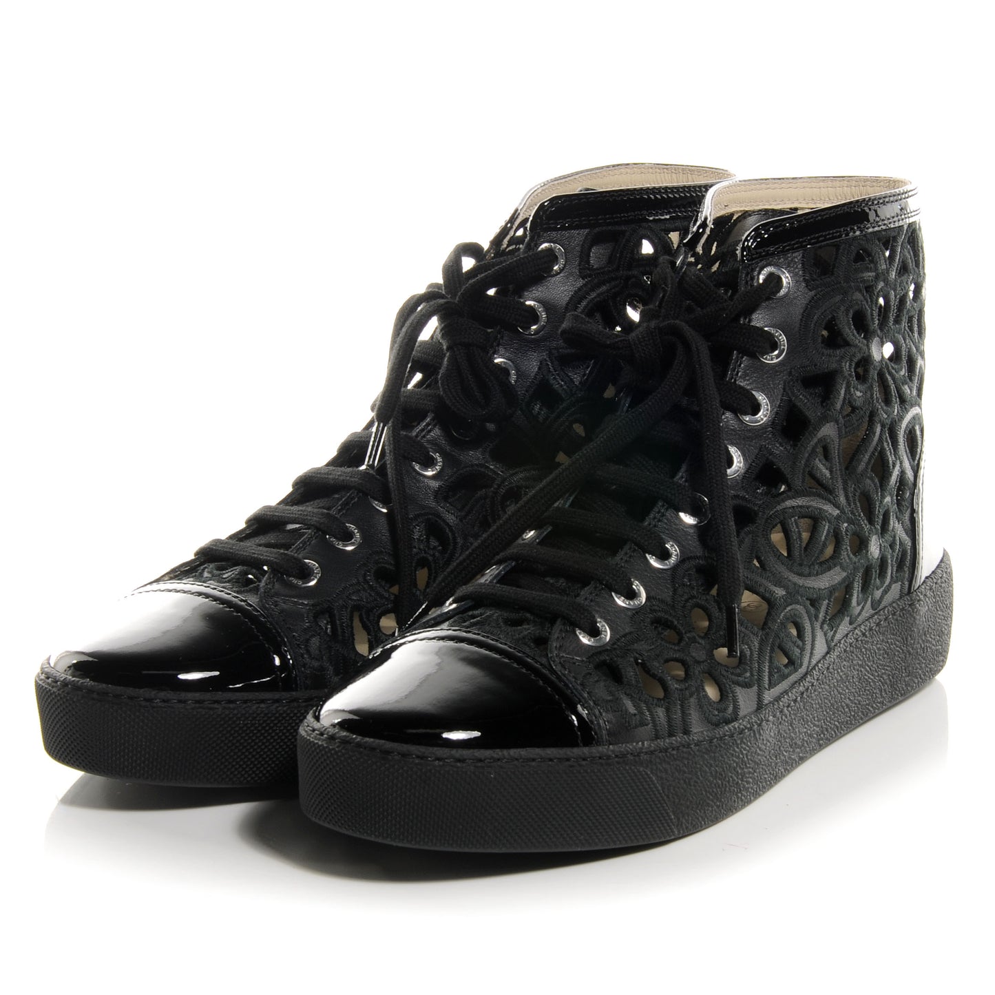 Patent Grained Goatskin Hollow Out Flower Sneakers Black 39