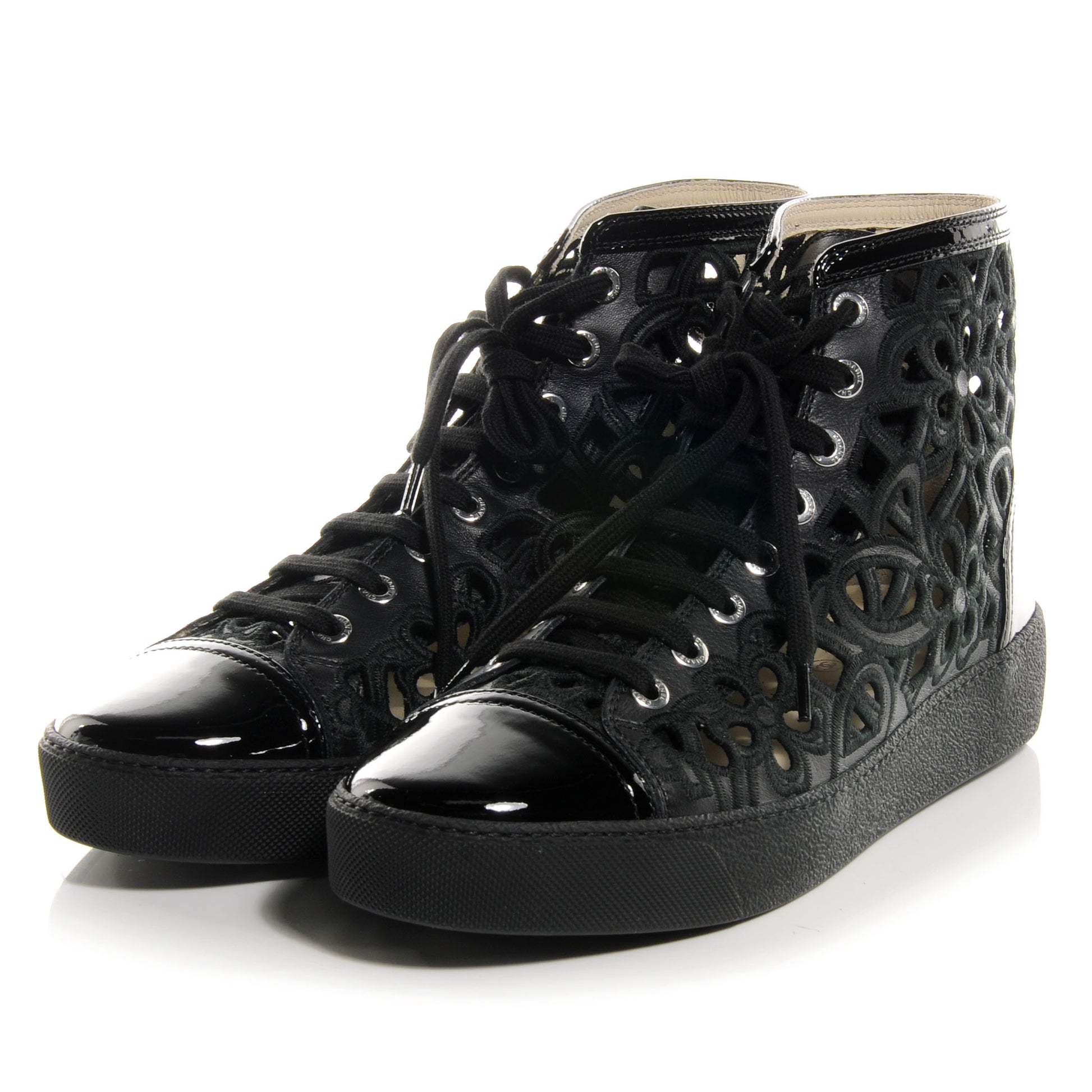 Chanel Patent Grained Goatskin Hollow Out Flower Sneakers Black 39 3 of 6