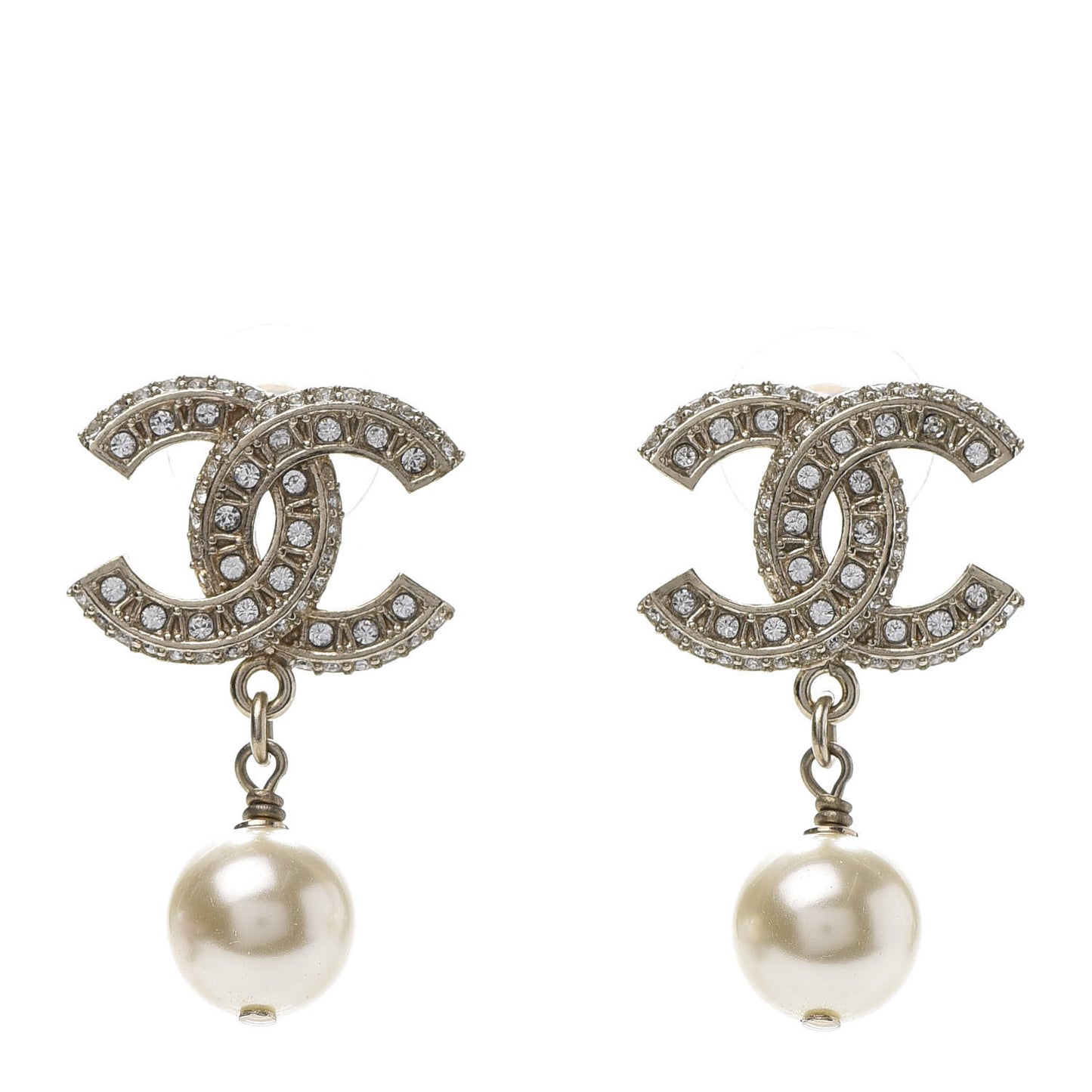 Crystal Pearl CC Drop Earrings Gold