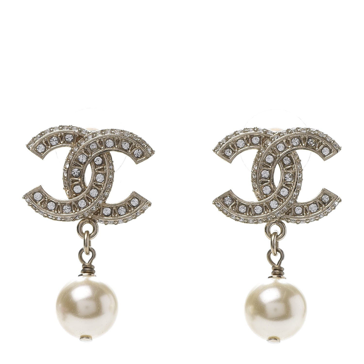 Chanel Crystal Pearl CC Drop Earrings Gold 1 of 5