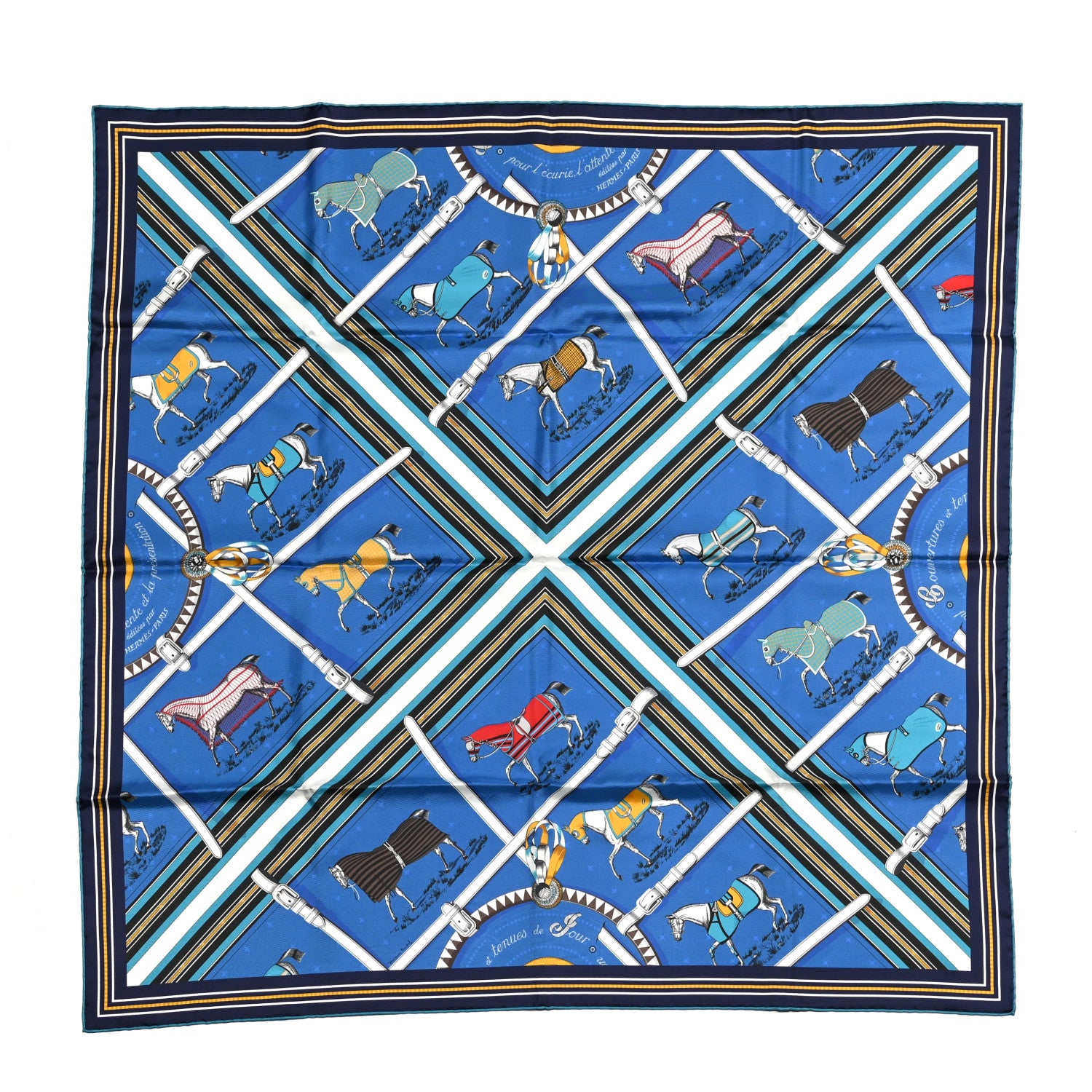 Hermes Silk Couvertures Et Tenues Double Face Scarf 90 Bleu Gold Black 1 of 5