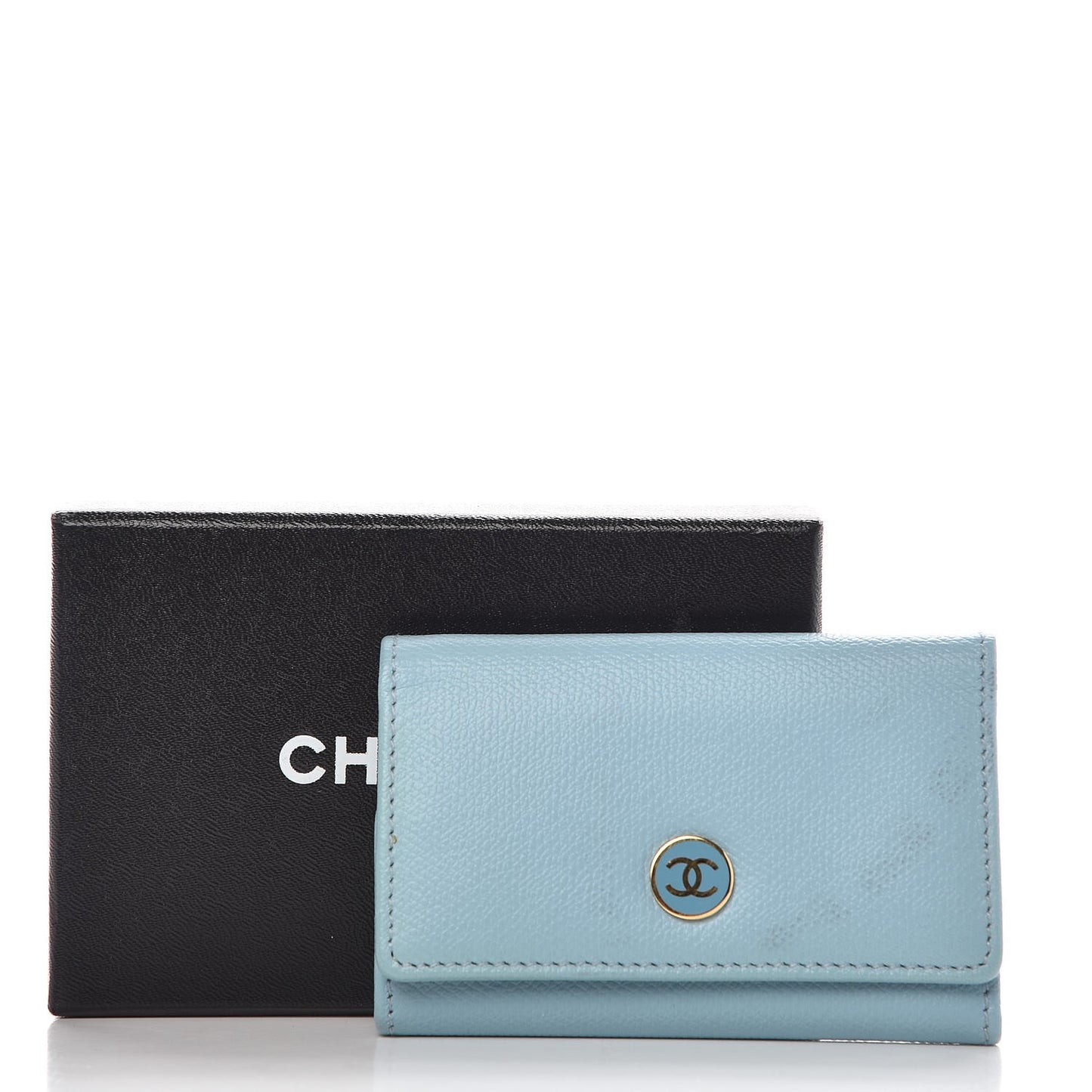 Grained Calfskin CC Button 6 Key Holder Light Blue