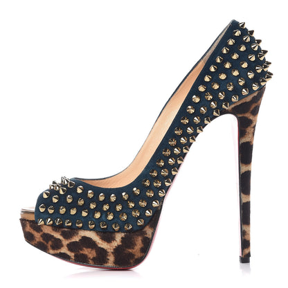 Christian Louboutin Veau Velours Calf Hair Leopard Lady Peep Spikes VIP 150 Pumps 39.5 Blue Khol Bronze 1 of 7