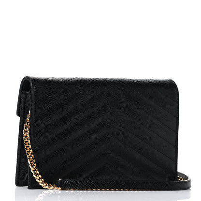 Saint Laurent Grain De Poudre Matelasse Chevron Monogram Envelope Chain Wallet Black 2 of 4