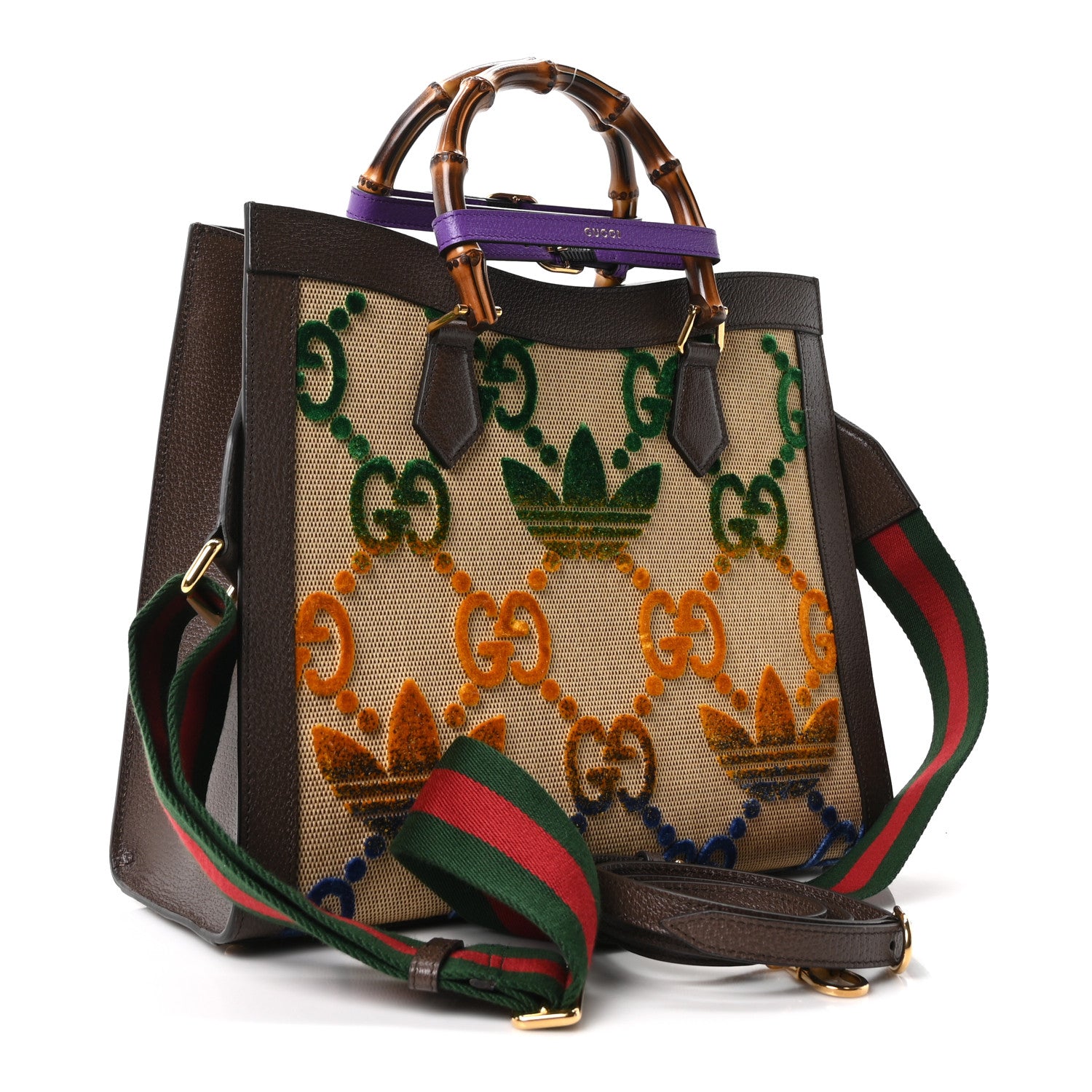 Gucci X ADIDAS Textured Dollar Calfskin Jumbo GG Textured Web Trefoil Logo Medium Diana Tote Bag Beige Brown Multicolor 3 of 10