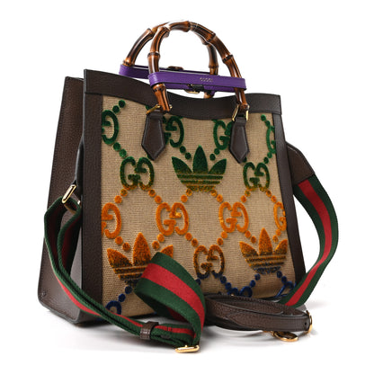 Gucci X ADIDAS Textured Dollar Calfskin Jumbo GG Textured Web Trefoil Logo Medium Diana Tote Bag Beige Brown Multicolor 3 of 10
