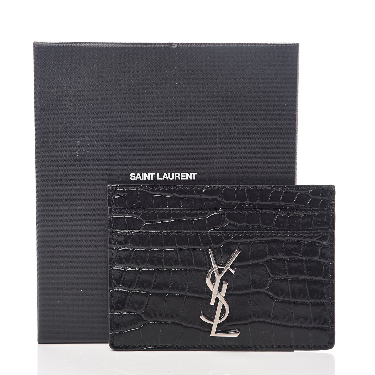 Calfskin Crocodile Embossed Monogram Credit Card Case Black