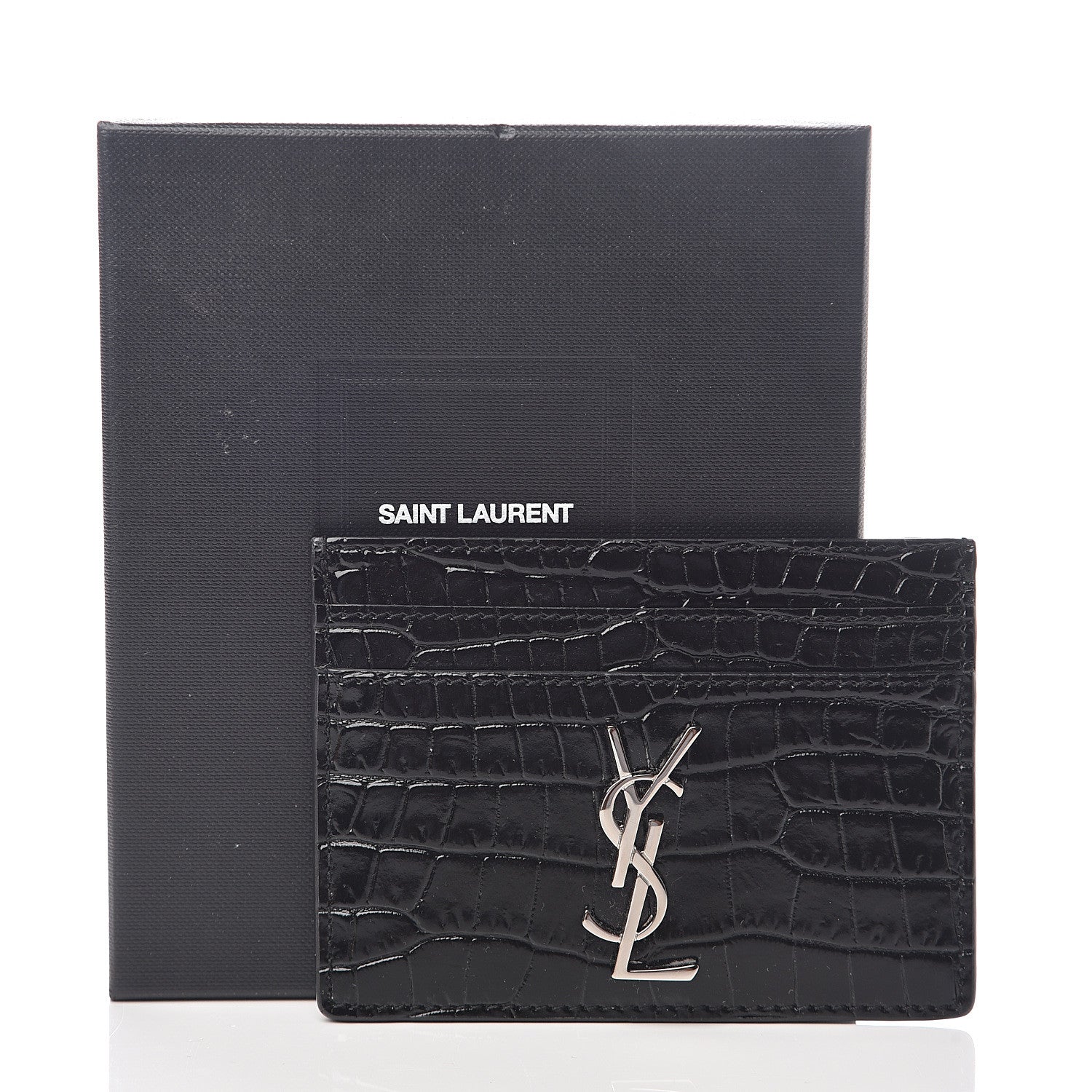 Saint Laurent Calfskin Crocodile Embossed Monogram Credit Card Case Black 6 of 6