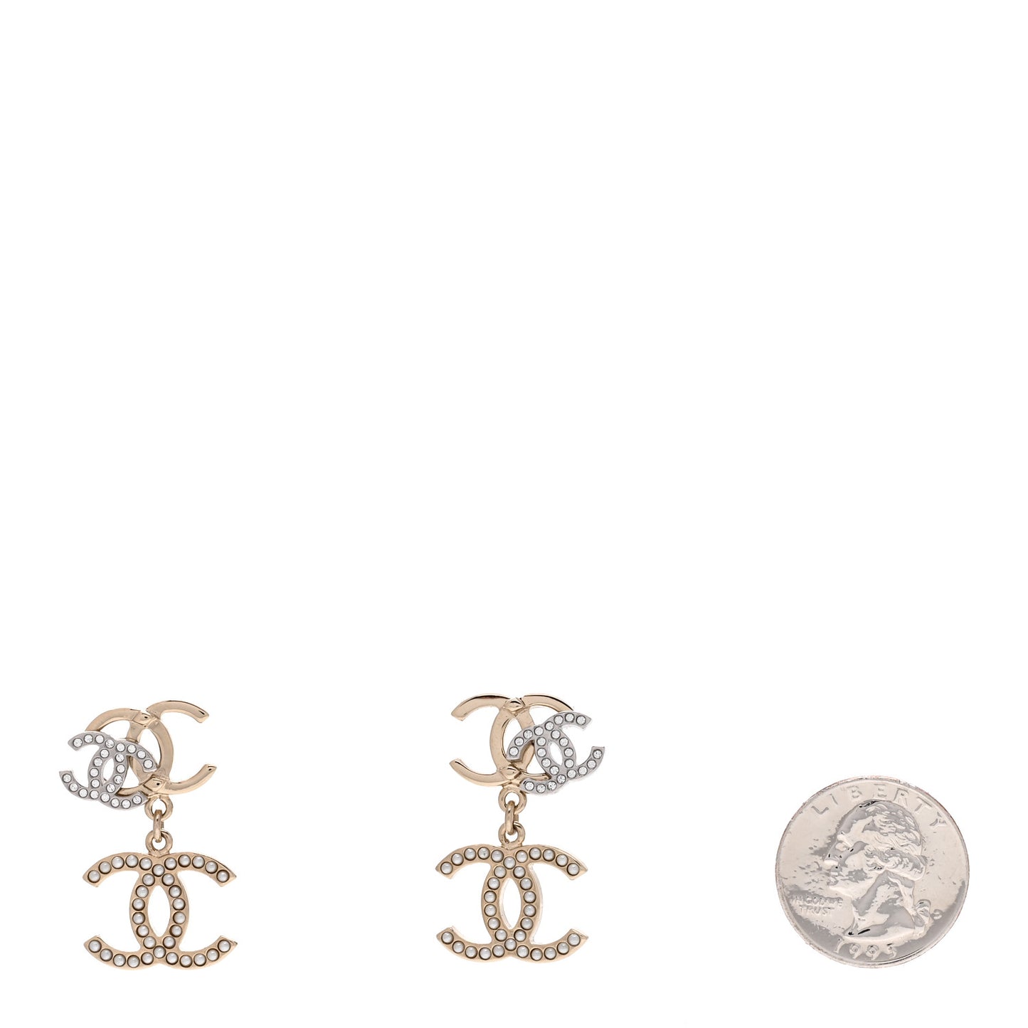 Crystal Pearl Double CC Drop Earrings Gold Silver