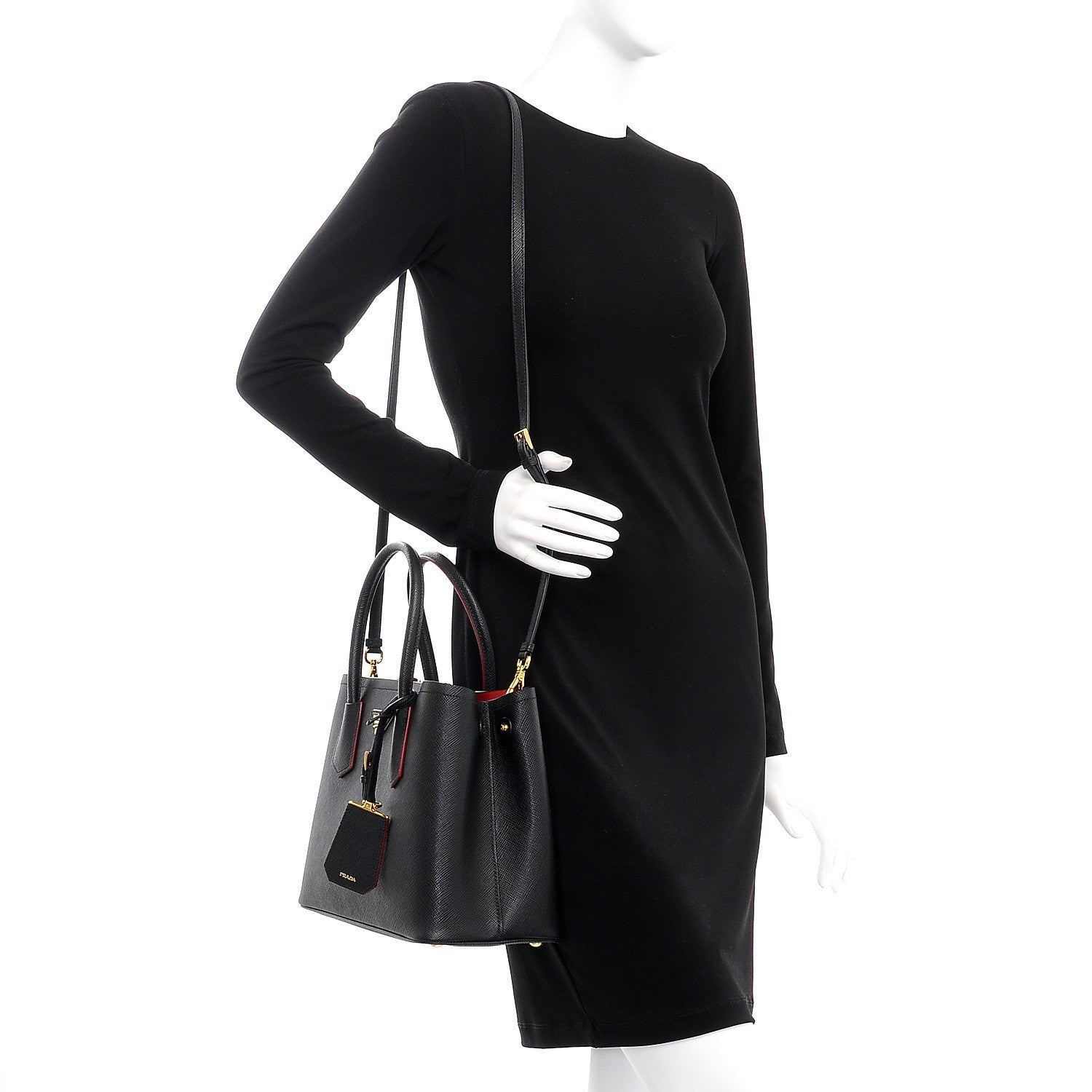 Prada Saffiano Cuir Small Double Bag Black Fuoco 2 of 8