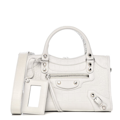 Balenciaga Matte Supple Lambskin Crocodile Embossed Classic Silver Hardware Mini City White 1 of 10