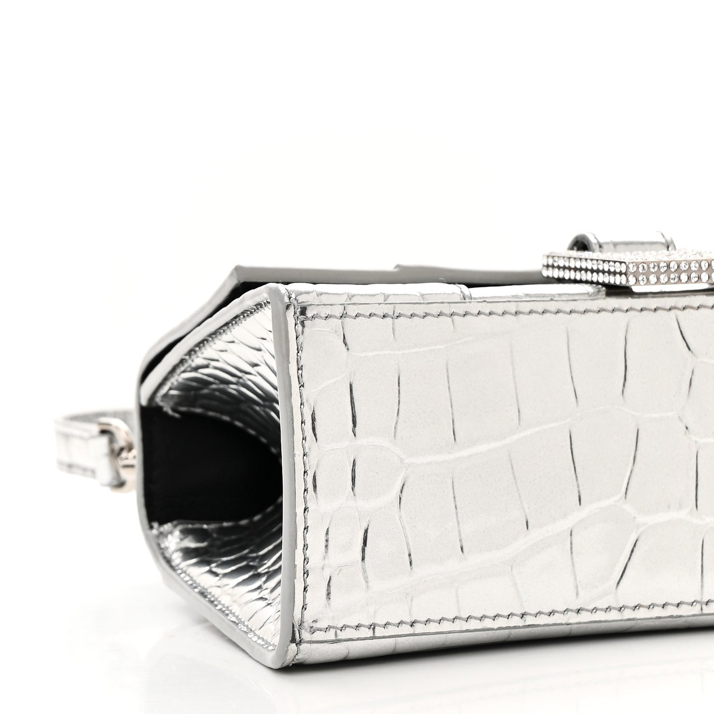 Metallic Calfskin Crocodile Embossed Crystal Hourglass Top Handle Bag XS Silver