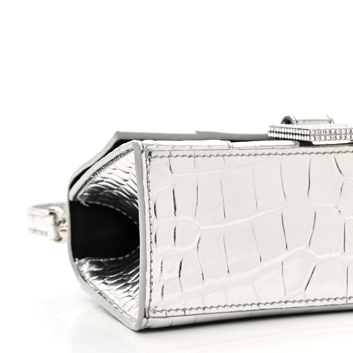 Balenciaga Metallic Calfskin Crocodile Embossed Crystal Hourglass Top Handle Bag XS Silver 10 of 11