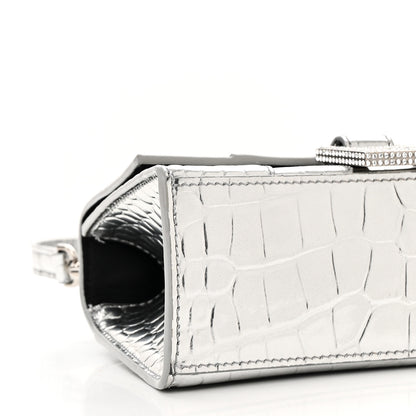 Balenciaga Metallic Calfskin Crocodile Embossed Crystal Hourglass Top Handle Bag XS Silver 10 of 11