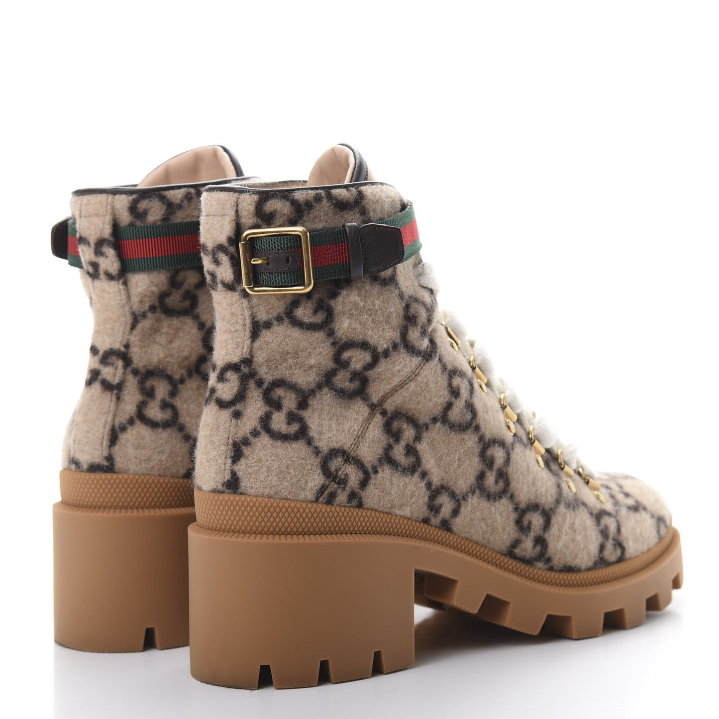Covered Wool Big GG Monogram Womens Lace Up Combat Ankle Boots 40 Beige Ebony Cocoa