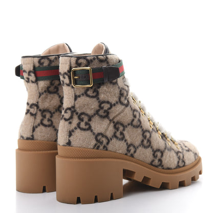 Gucci Covered Wool Big GG Monogram Womens Lace Up Combat Ankle Boots 40 Beige Ebony Cocoa 4 of 7