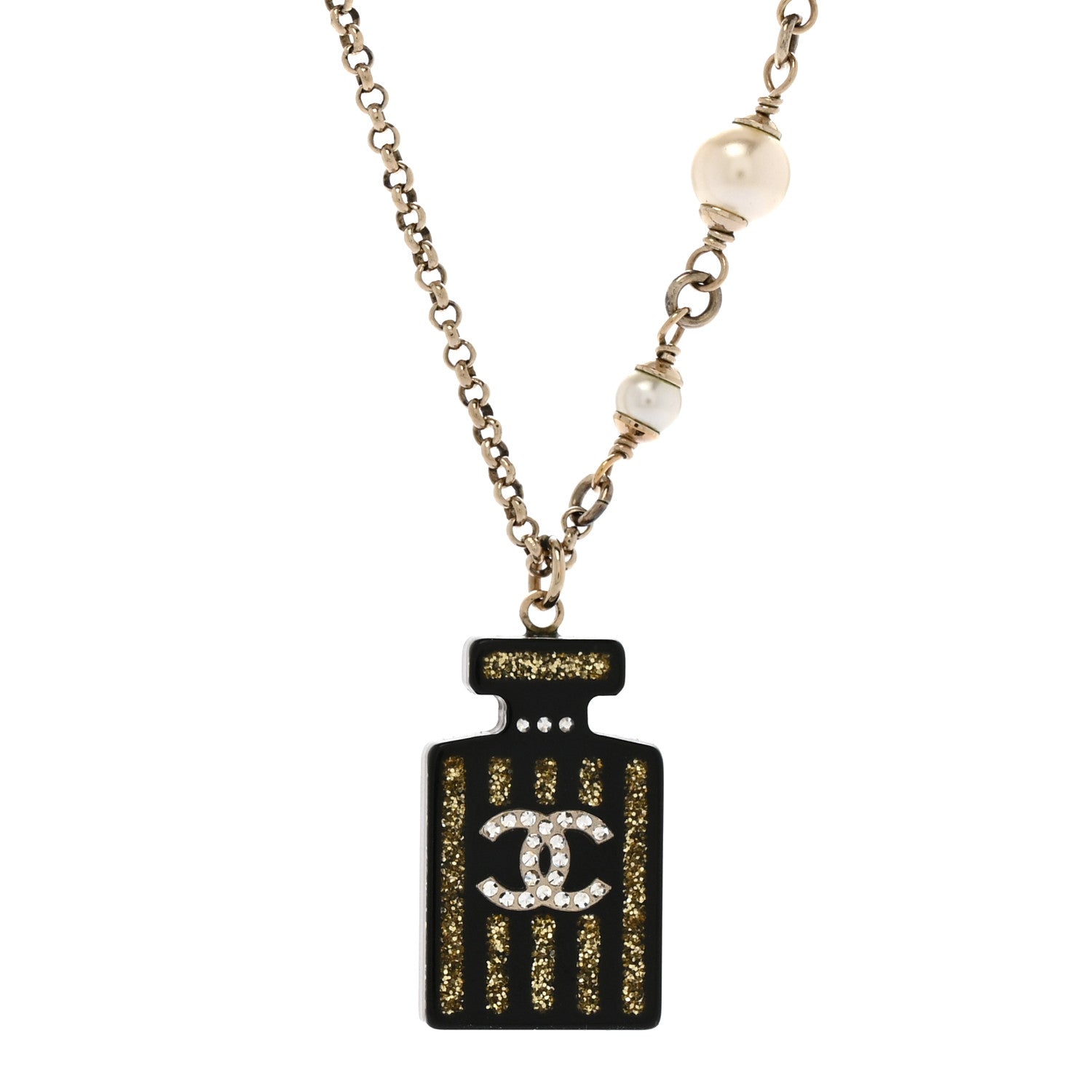 Chanel Resin Strass Pearl Perfume Bottle CC Necklace Black Gold 4 of 6