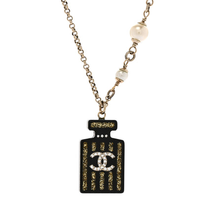 Chanel Resin Strass Pearl Perfume Bottle CC Necklace Black Gold 4 of 6