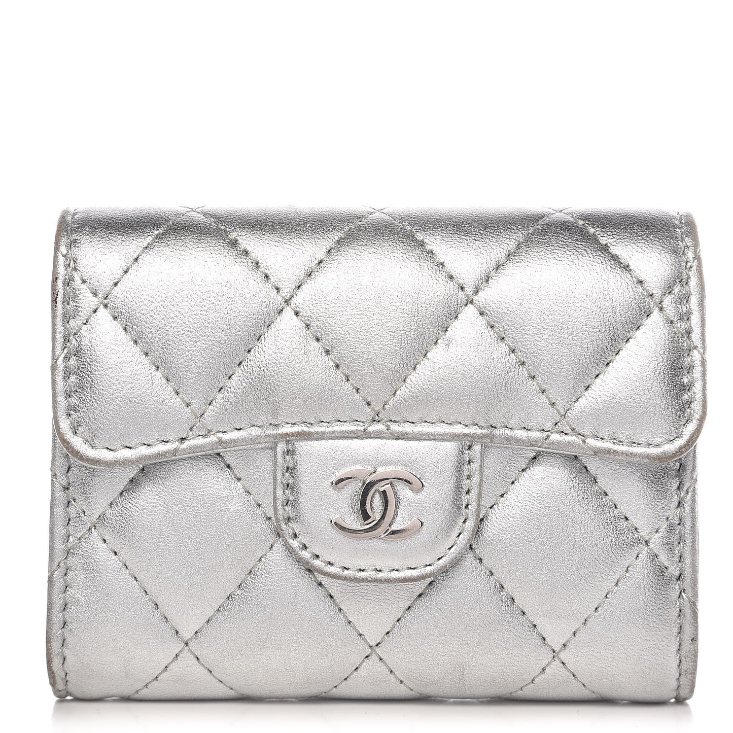 Metallic Lambskin Quilted Flap Card Holder Wallet Silver