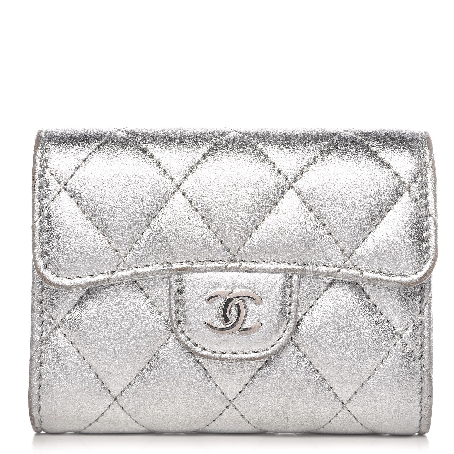 Chanel Metallic Lambskin Quilted Flap Card Holder Wallet Silver 1 of 10