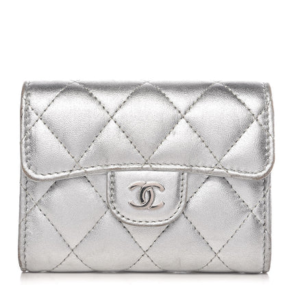 Chanel Metallic Lambskin Quilted Flap Card Holder Wallet Silver 1 of 10